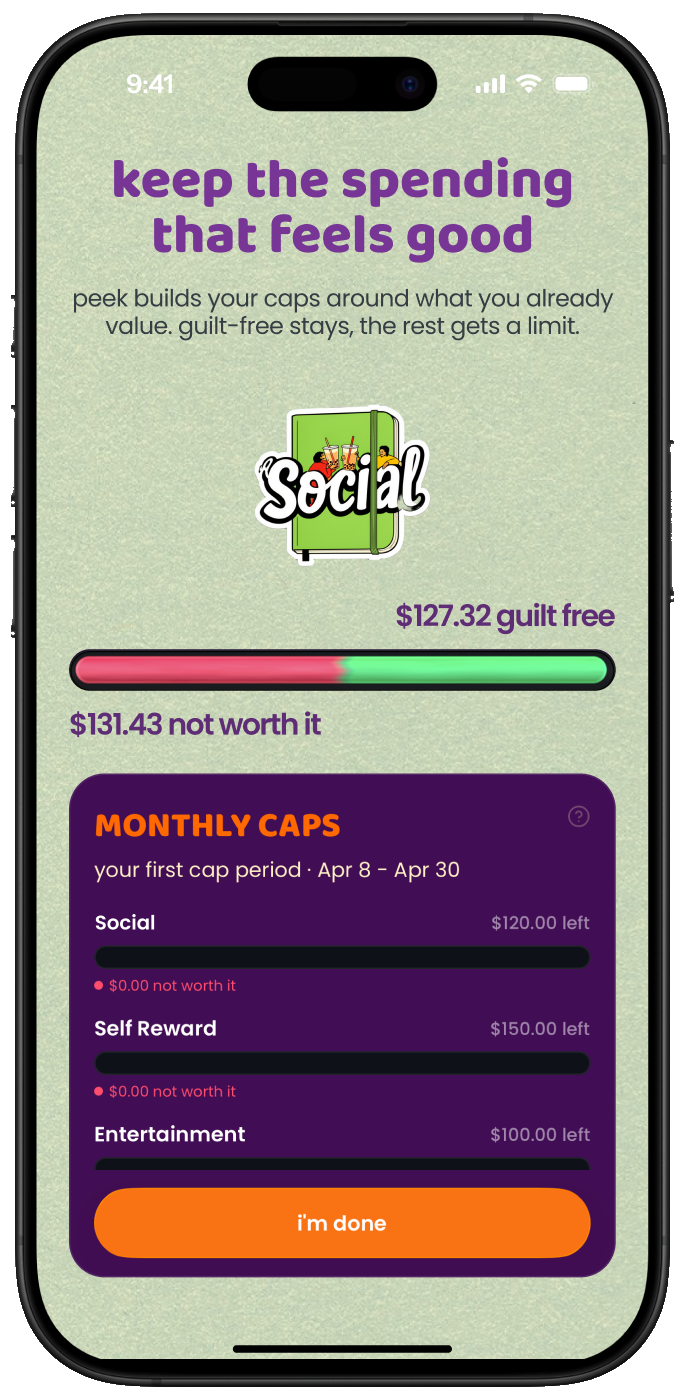 Peek's monthly caps: built around what you already value, so the spending that feels good stays guilt-free