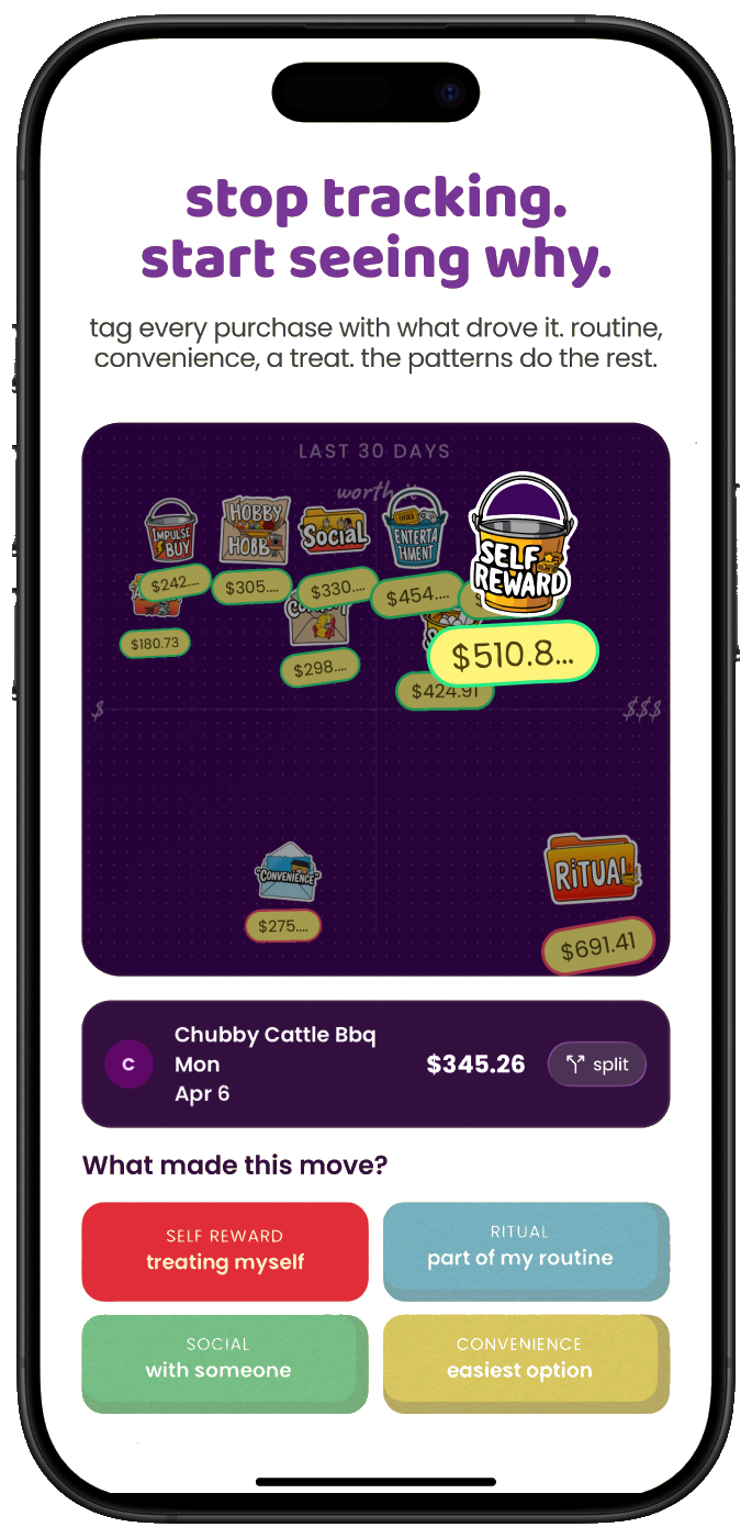 The Peek app: tag each purchase by what drove it, like routine, convenience, or a treat, and watch your worth-it patterns appear
